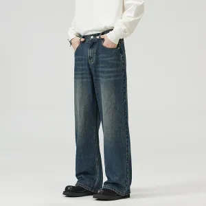 2024 Spring New Half Elastic Waist American Retro Jeans Men's Loose Straight Cleanfit Wide Leg Trousers