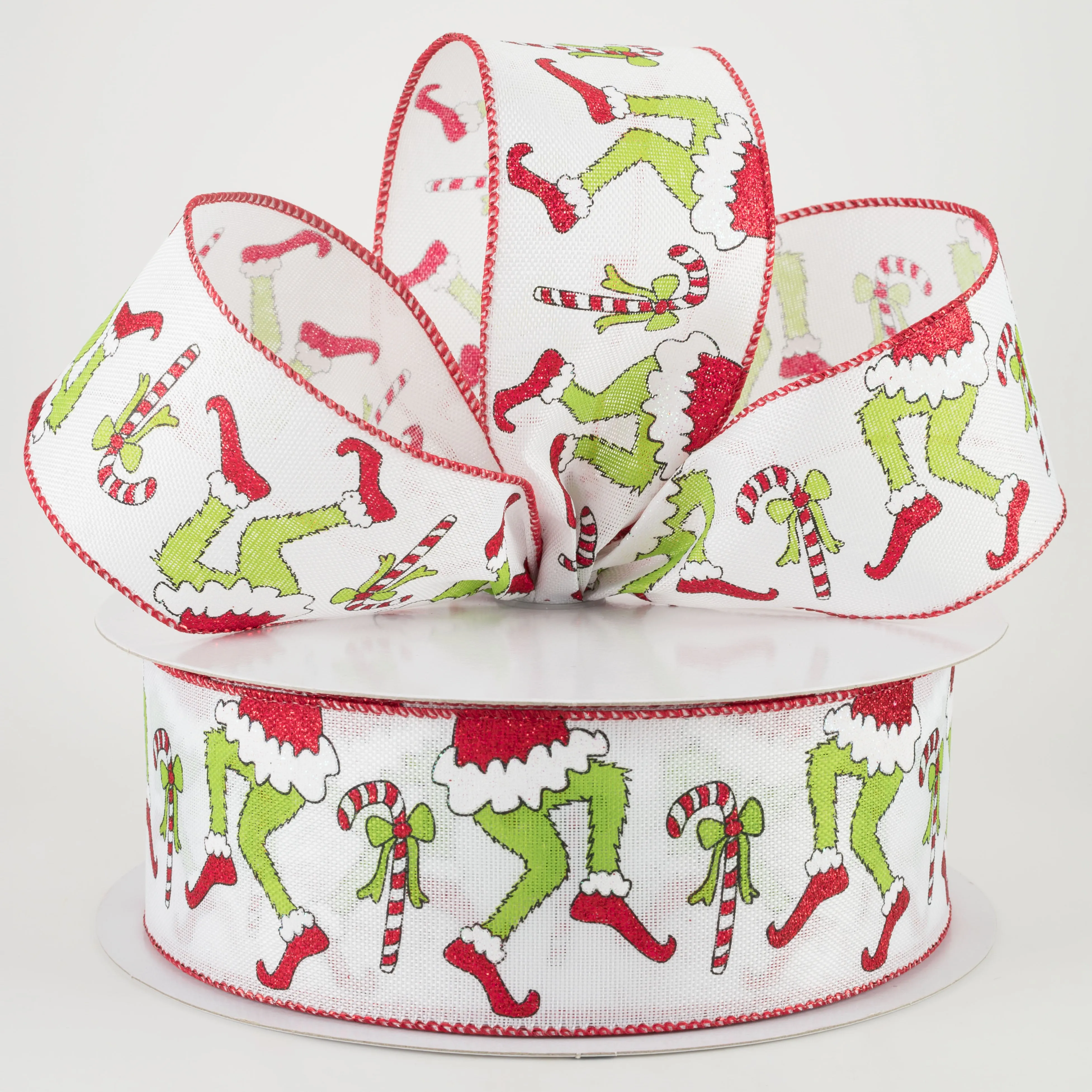 2.5" Christmas Green Monster Legs & Candy Canes Ribbon (50 Yards)