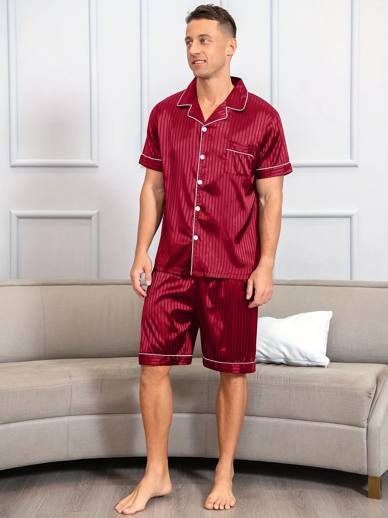 2pcs Men's Breathable Summer Pajama Set - Soft Loose-Fit Short Sleeve Shirt & Shorts with Elastic Waist for Comfortable Indoor Lounge Wear