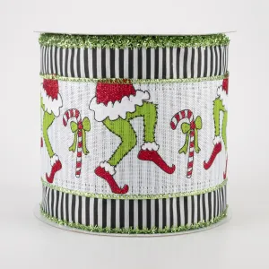 4" Green Monster Legs Ribbon With Black/White Striped Edge (10 Yards)