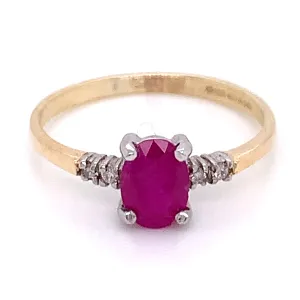 9ct Yellow Gold Oval Ruby with Side Diamond Detail Ring