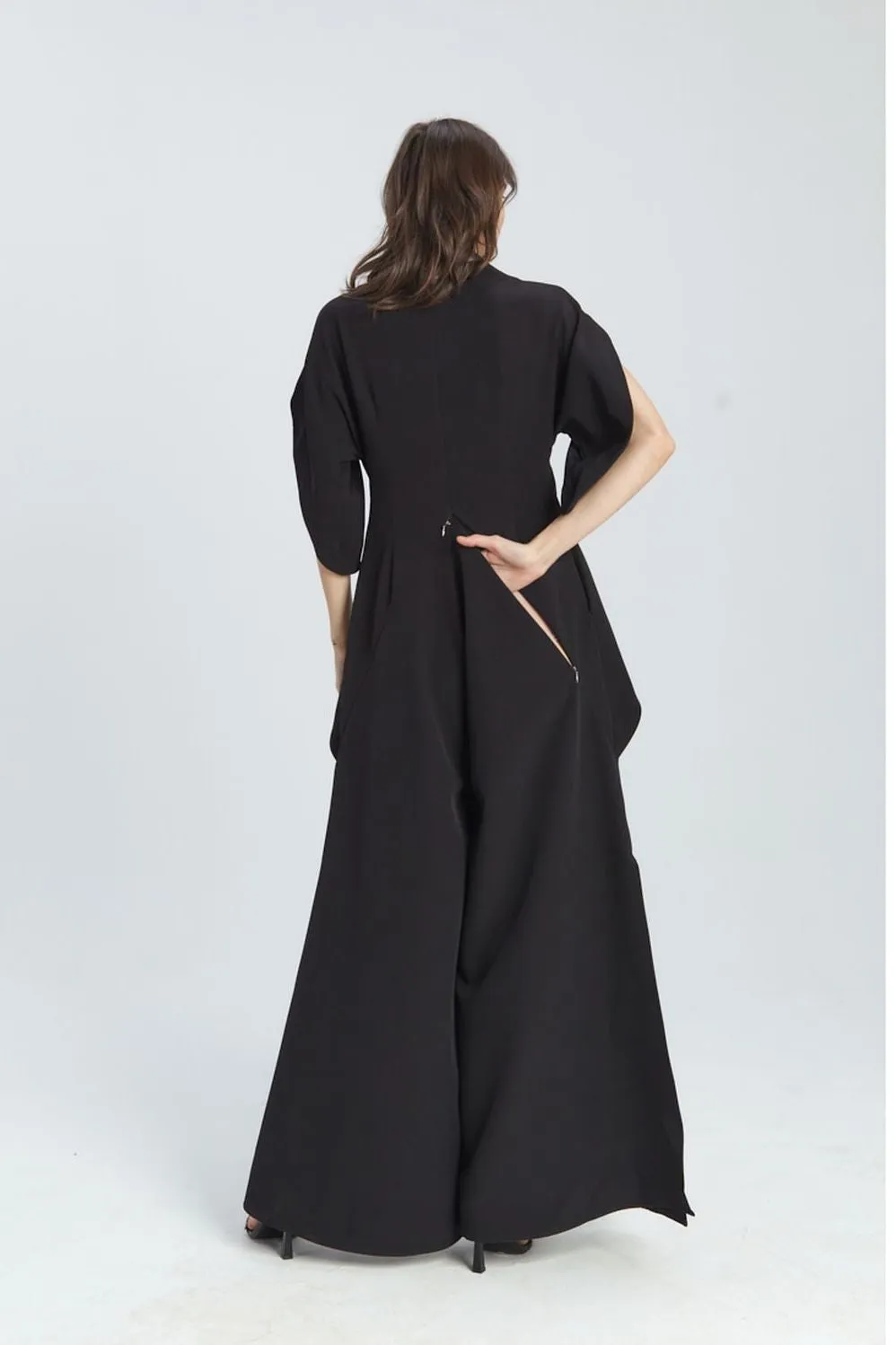 Black Short Sleeve High Neck Wide-Leg Japanese Kimono Jumpsuit LEA