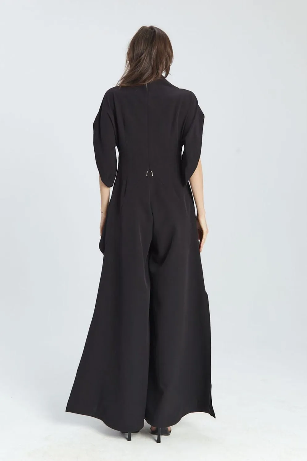 Black Short Sleeve High Neck Wide-Leg Japanese Kimono Jumpsuit LEA