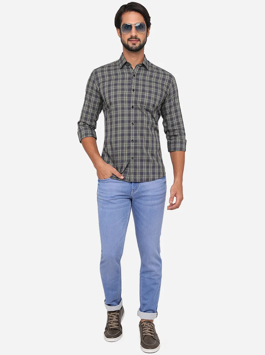 Blue & Green Checked Slim Fit Semi Casual Shirt | Greenfibre