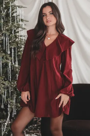 Bright Eyed And Jolly Burgundy Ruffle Dress