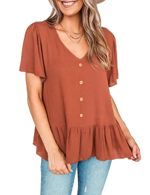 Brown V-Neckline Buttons Loose Peplum Top