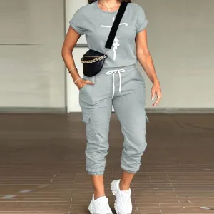 Casual Fashion Set Women's Summer  New American Style Fried Street Loose Gray Slimming Overalls Two-Piece Set