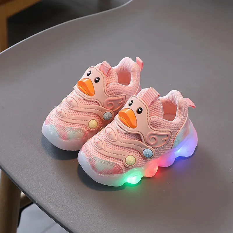 Children Led Casual Shoes Cute Cartoon Duck Sneakers Toddler Glowing Tennis Shoes Boys Girls Breathable Mesh Sports Shoes Sapato