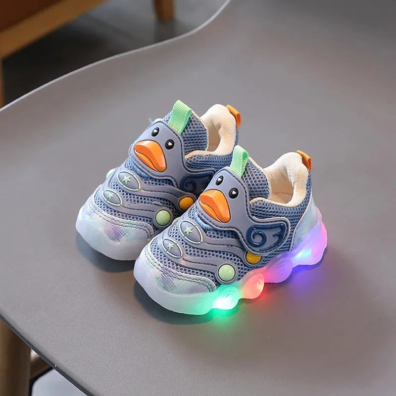 Children Led Casual Shoes Cute Cartoon Duck Sneakers Toddler Glowing Tennis Shoes Boys Girls Breathable Mesh Sports Shoes Sapato