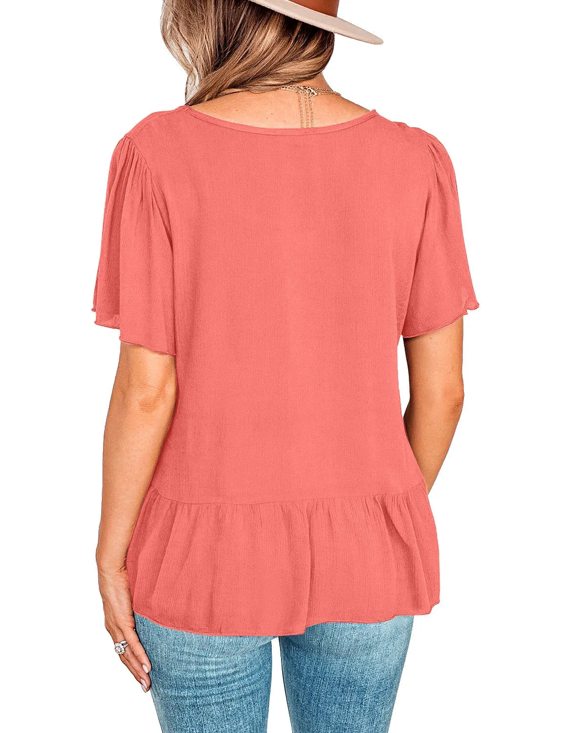 Coral Pink V-Neckline Buttons Loose Peplum Top