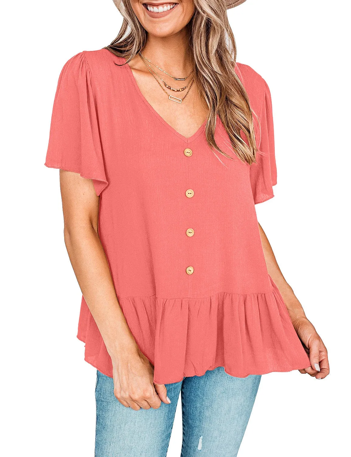 Coral Pink V-Neckline Buttons Loose Peplum Top