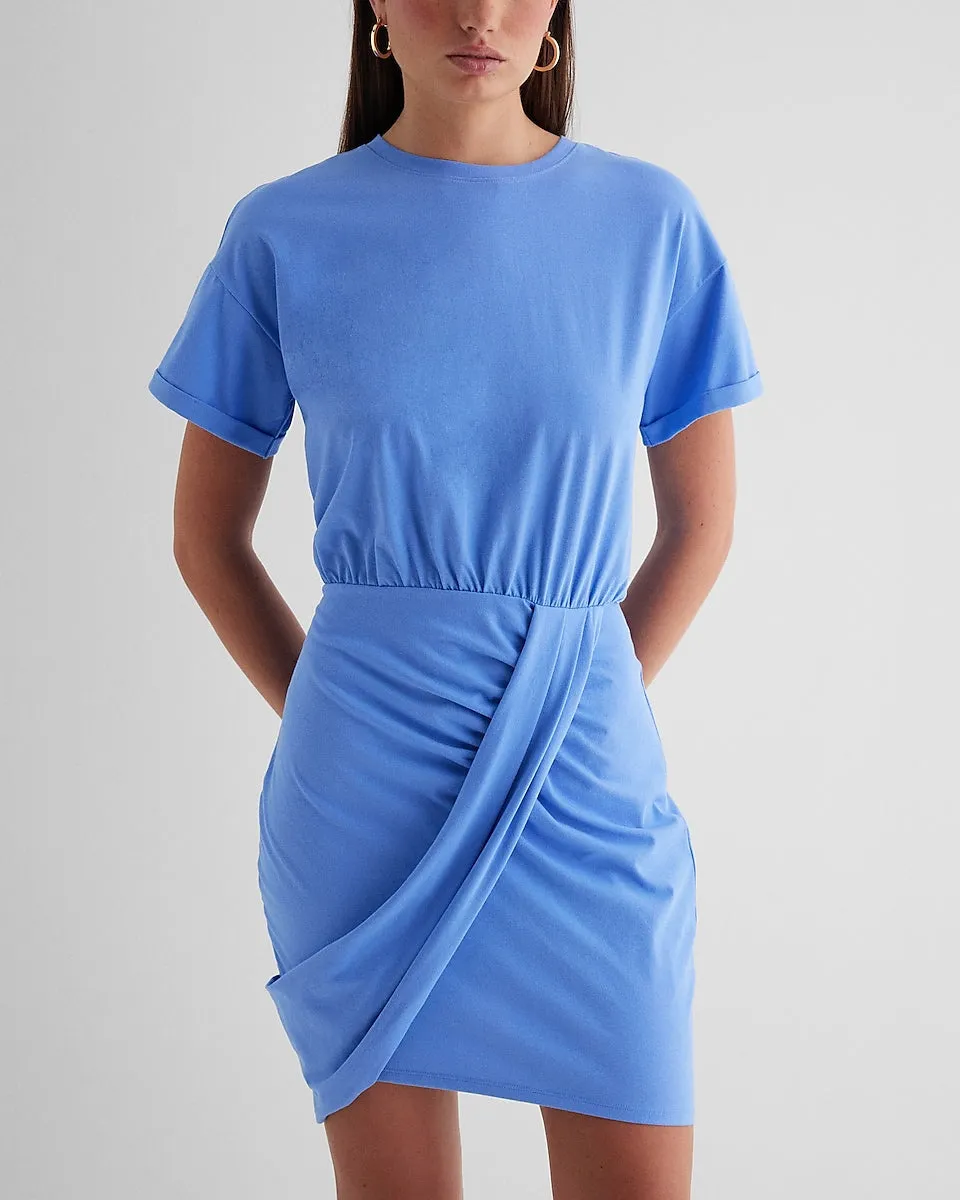 Crew Neck Short Sleeve Draped T-Shirt Dress in French Blue