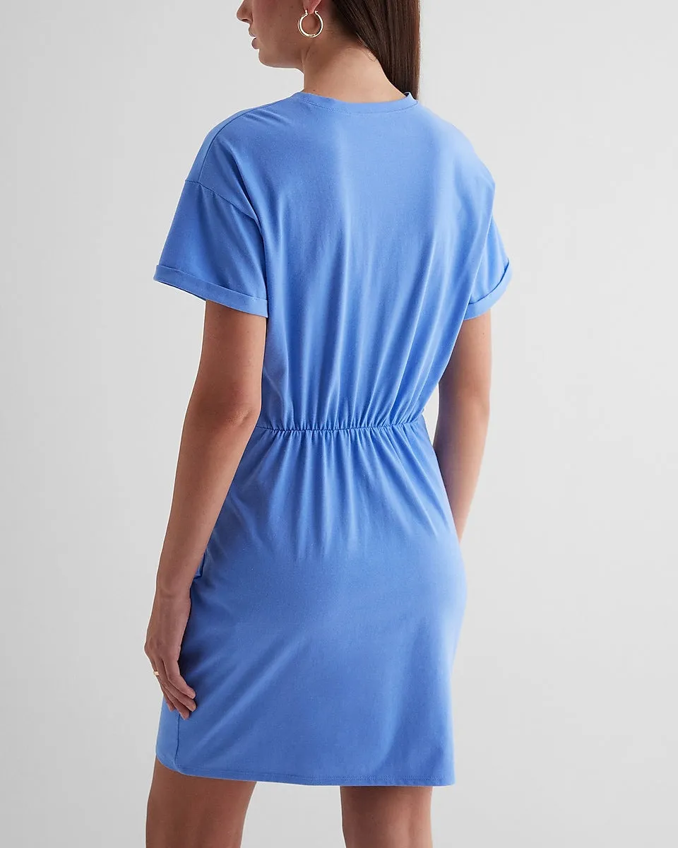 Crew Neck Short Sleeve Draped T-Shirt Dress in French Blue