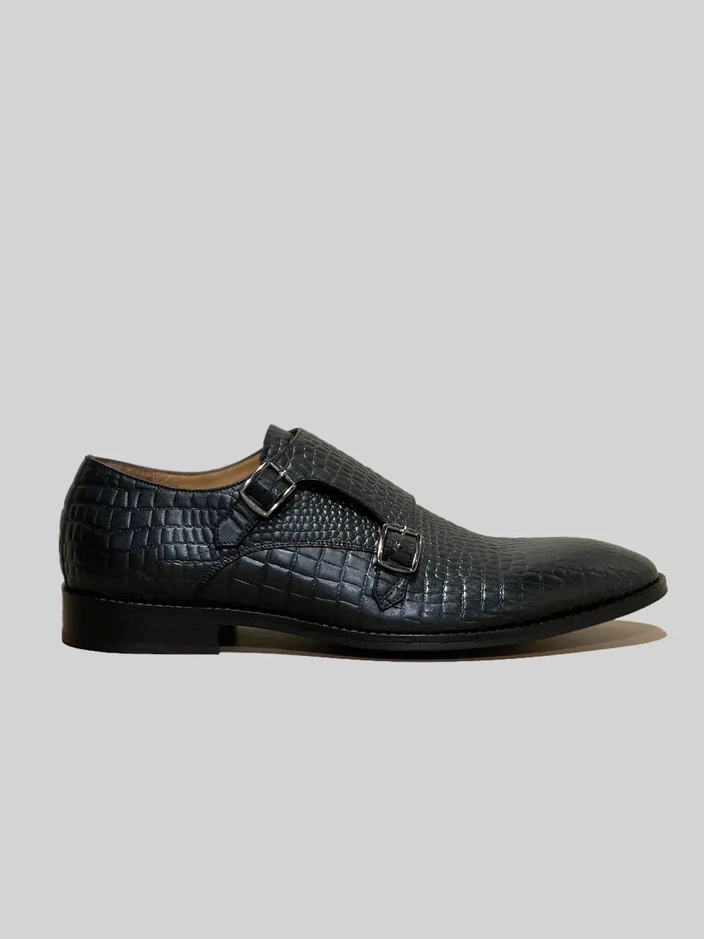 CROC EMBOSSED DOUBLE MONK - BLACK