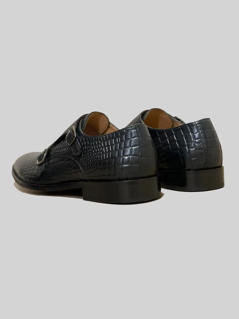 CROC EMBOSSED DOUBLE MONK - BLACK