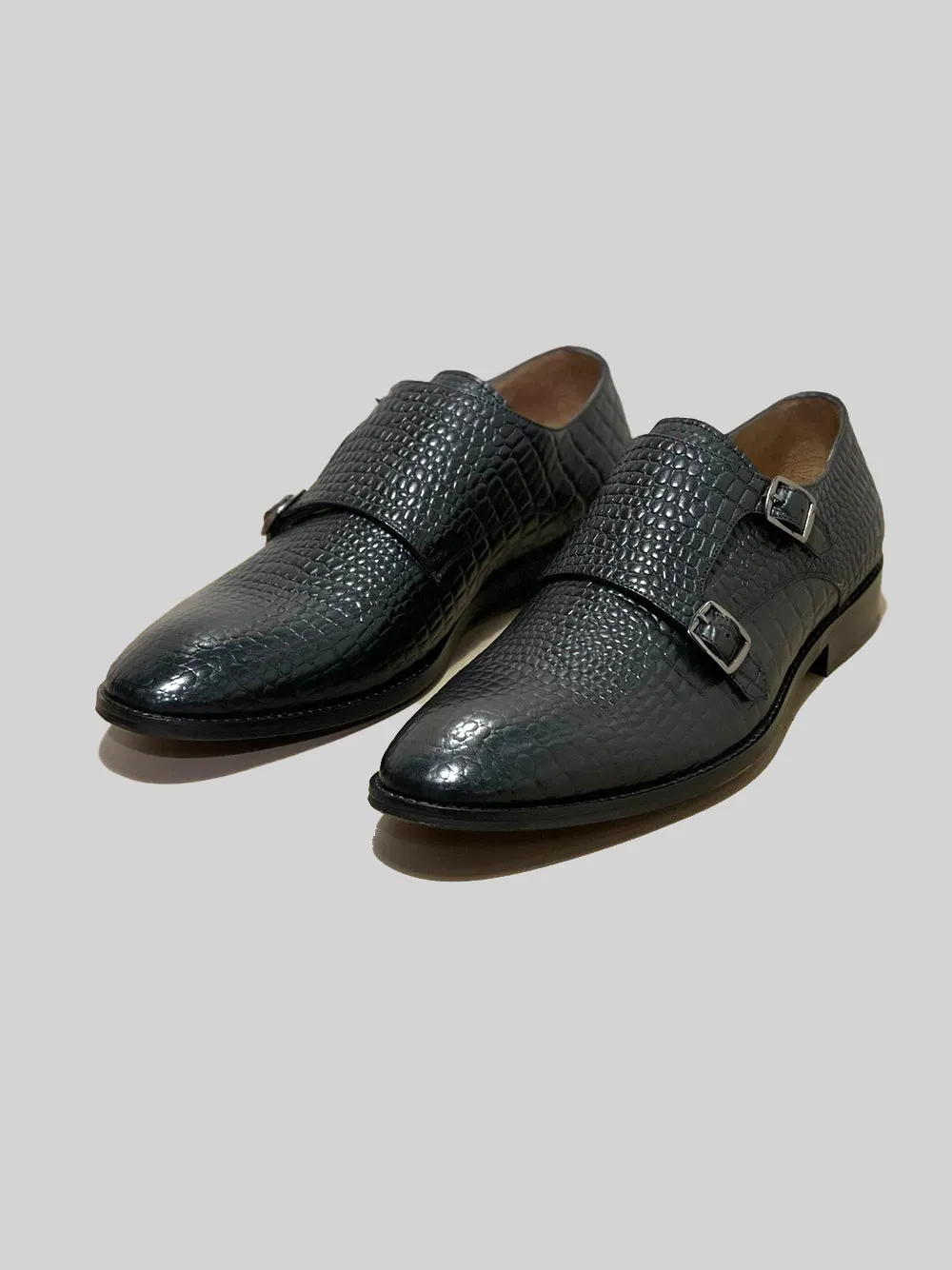 CROC EMBOSSED DOUBLE MONK - BLACK