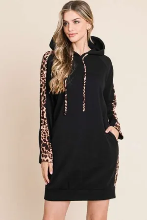 Drawstring Leopard Long Sleeve Hooded Dress