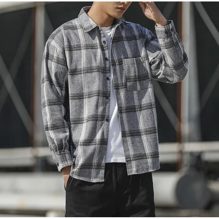 Extended Sizes Men Lapel Collar Pocket Plaid Print Shirt