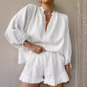 Fashion Cotton Linen Solid Color Loose V-neck Lantern Sleeve Shorts Two-Piece Summer All-Matching Sexy Tied High Waist Suit