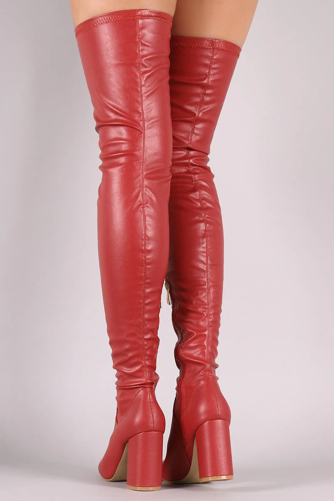 Fitted Vegan Leather Chunky Block Heeled Over-The-Knee Boots