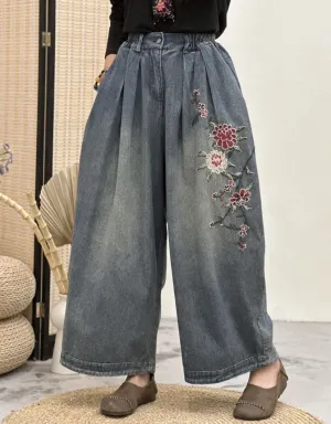 Flower Embroidery Loose Denim Pants for Women