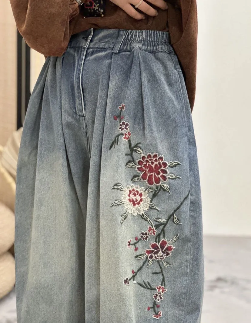 Flower Embroidery Loose Denim Pants for Women