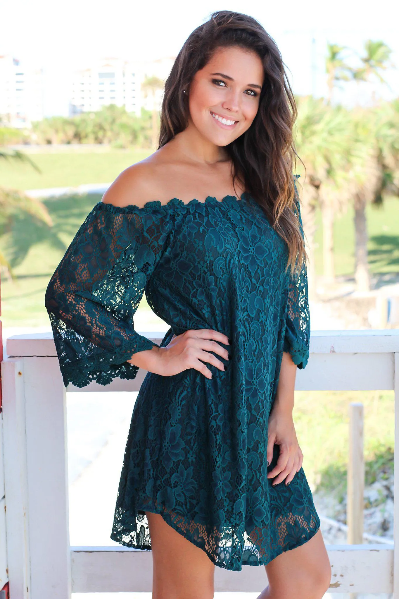 Forest Green Lace Off Shoulder Short Dress