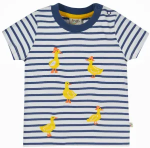 Frugi Ennis Embroidered T-shirt - Navy Blue Stripe / Ducks