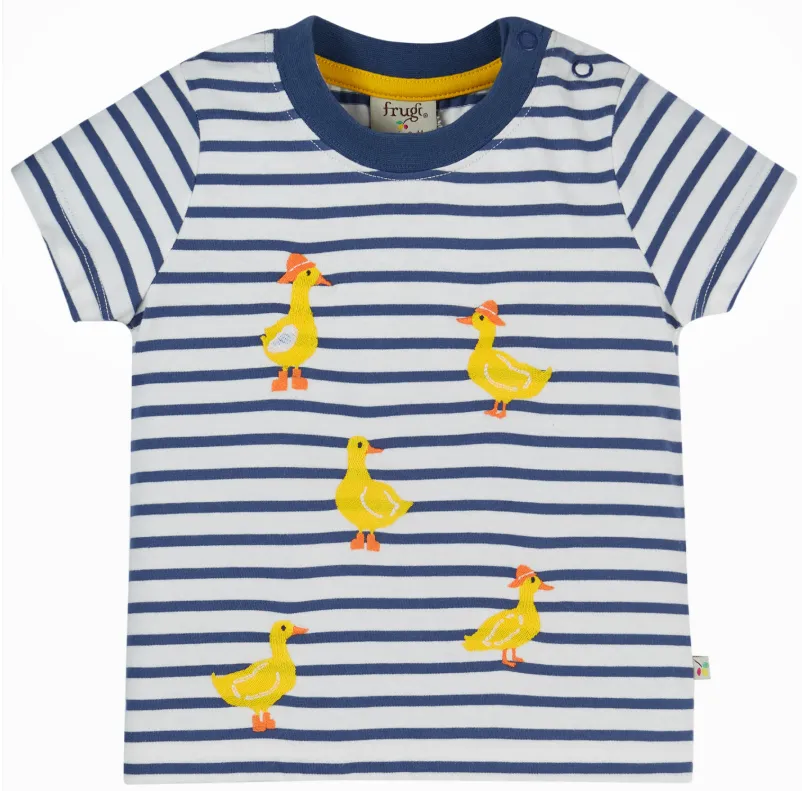 Frugi Ennis Embroidered T-shirt - Navy Blue Stripe / Ducks