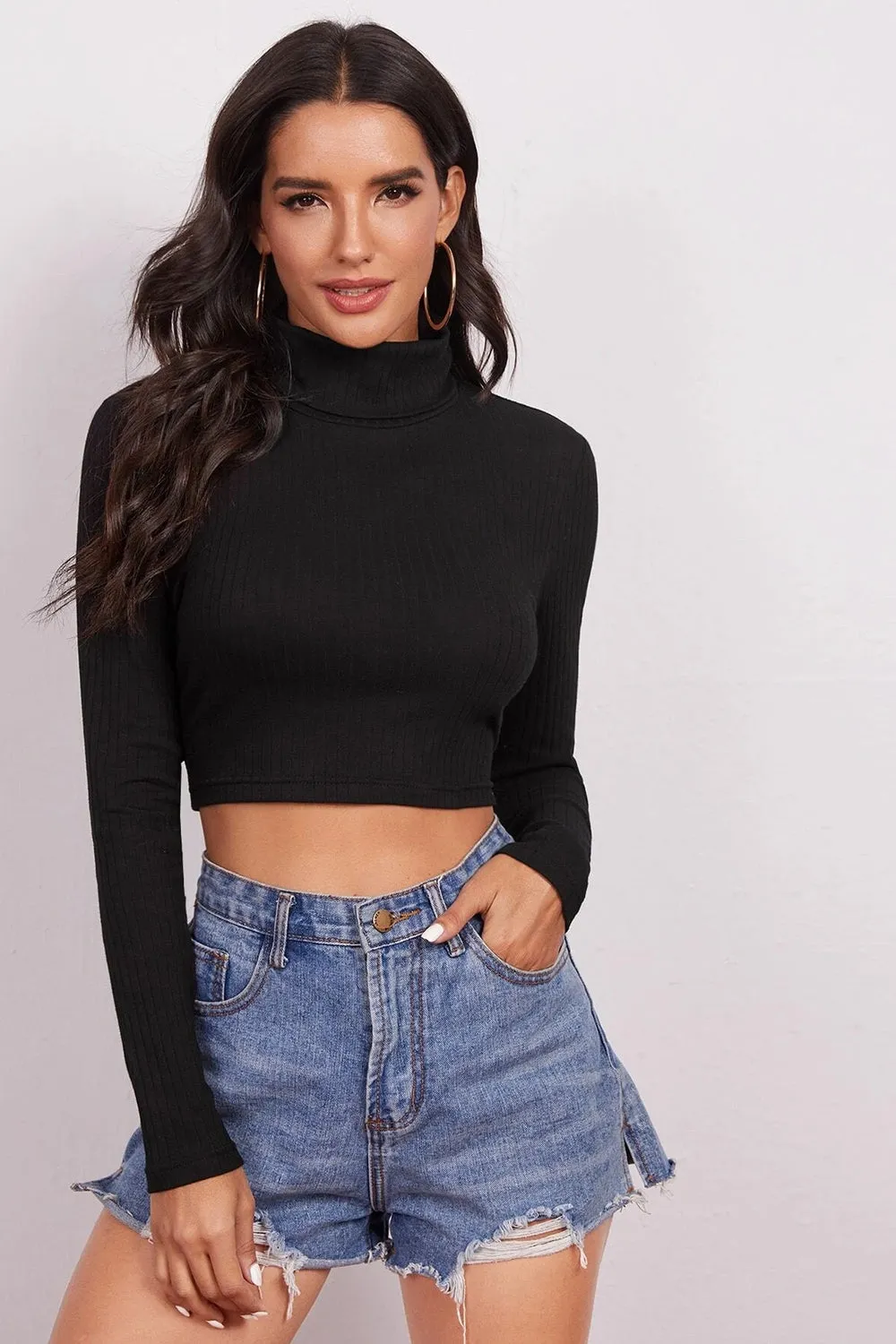 Funnel Neck Black Crop Top