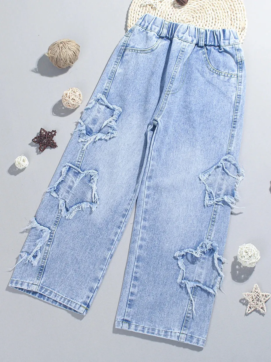 Girl's Cute Distressed Denim Jeans with Star Accents