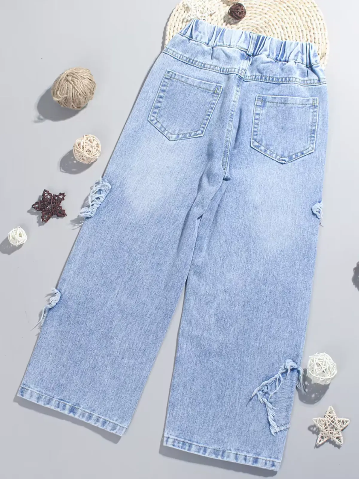 Girl's Cute Distressed Denim Jeans with Star Accents