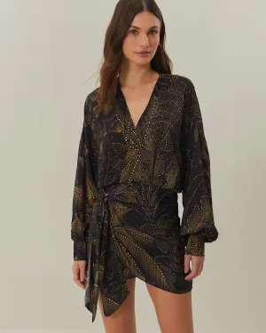 Golden Foliage Black Puffy Sleeve Mini Dress