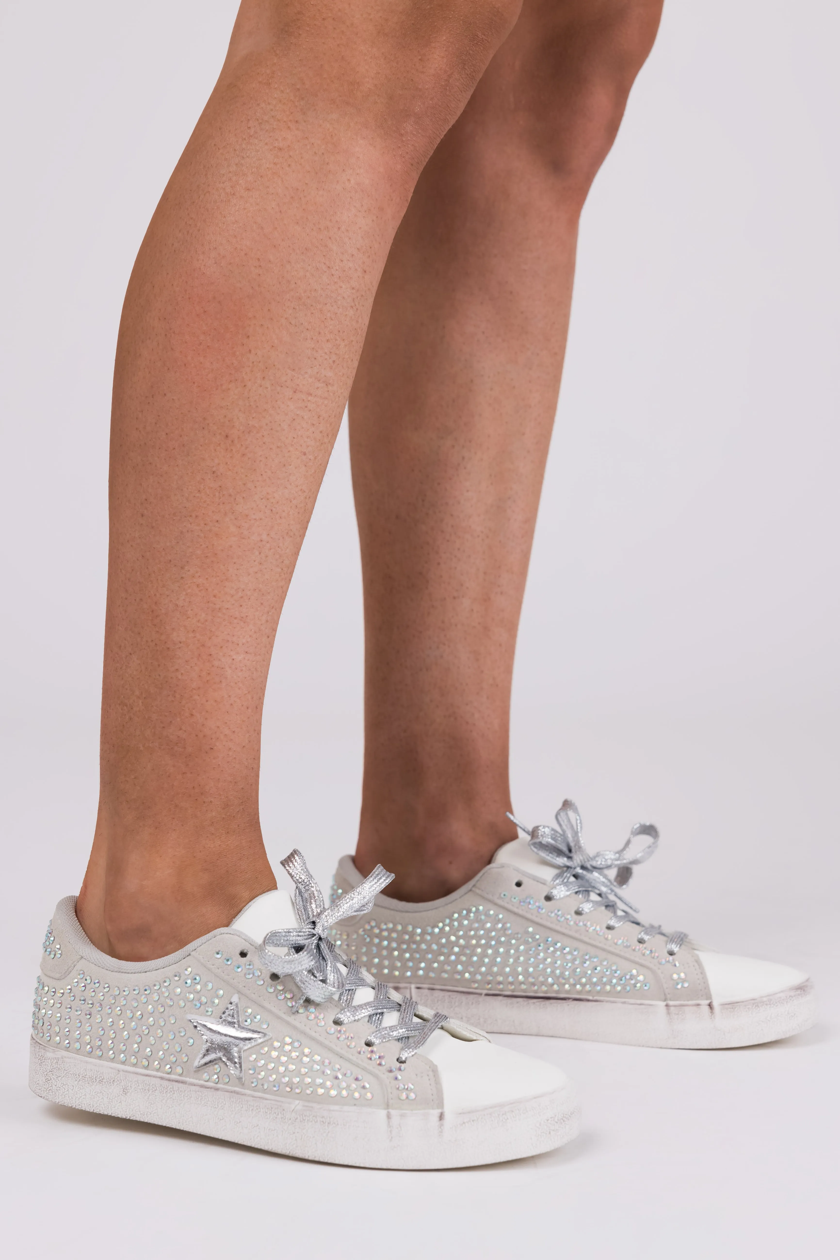 Grey Distressed Sole Rhinestone Sneakers