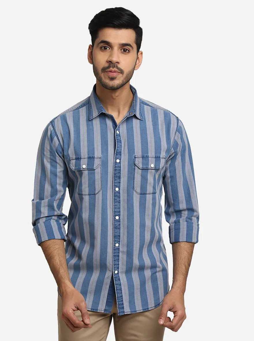 Indigo Blue Solid Slim Fit Semi Casual Shirt | Greenfibre