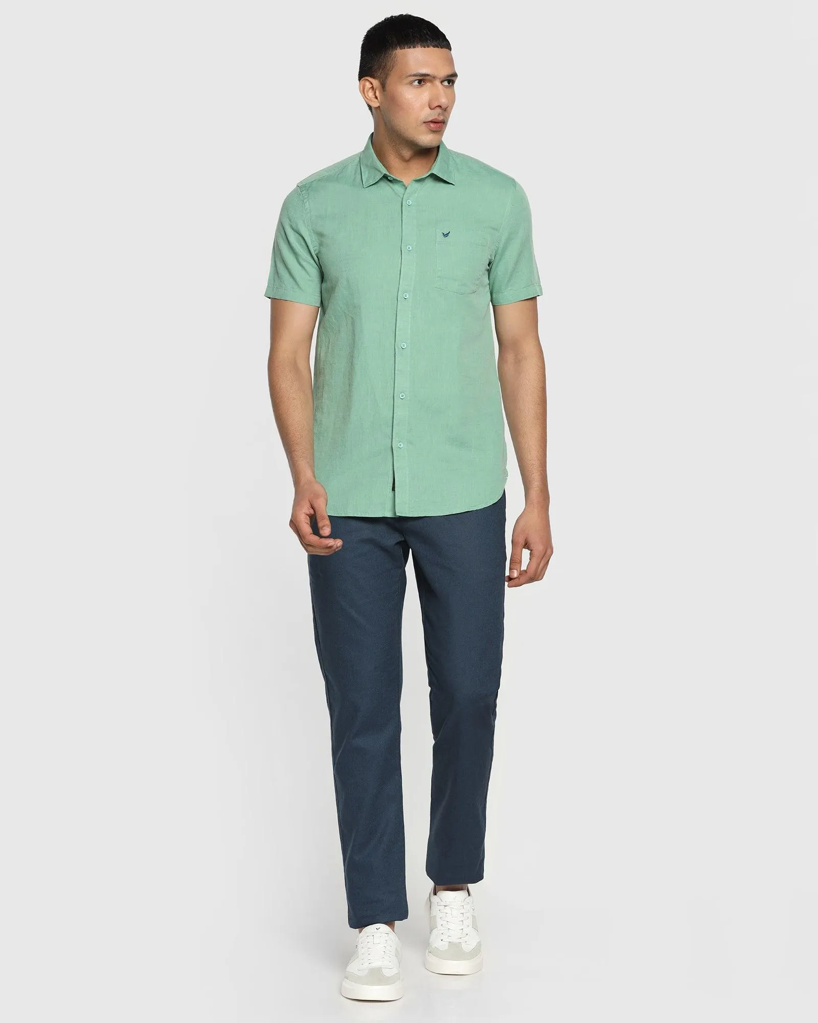 Linen Casual Half Sleeve Green Solid Shirt - Salmon