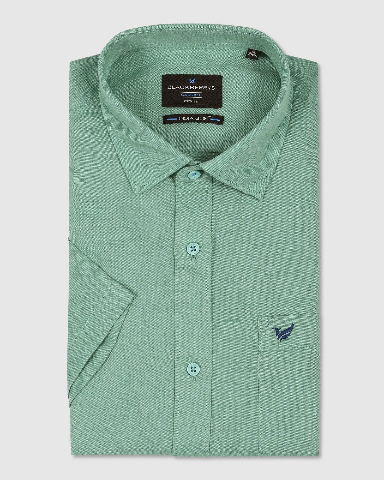 Linen Casual Half Sleeve Green Solid Shirt - Salmon