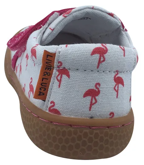 Livie & Luca Girl's Peppy Flamingo Printed White Textile Mary Jane with Double Hook and Loop Straps Flat Shoe