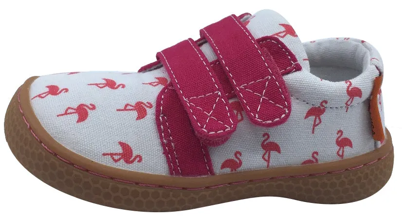 Livie & Luca Girl's Peppy Flamingo Printed White Textile Mary Jane with Double Hook and Loop Straps Flat Shoe