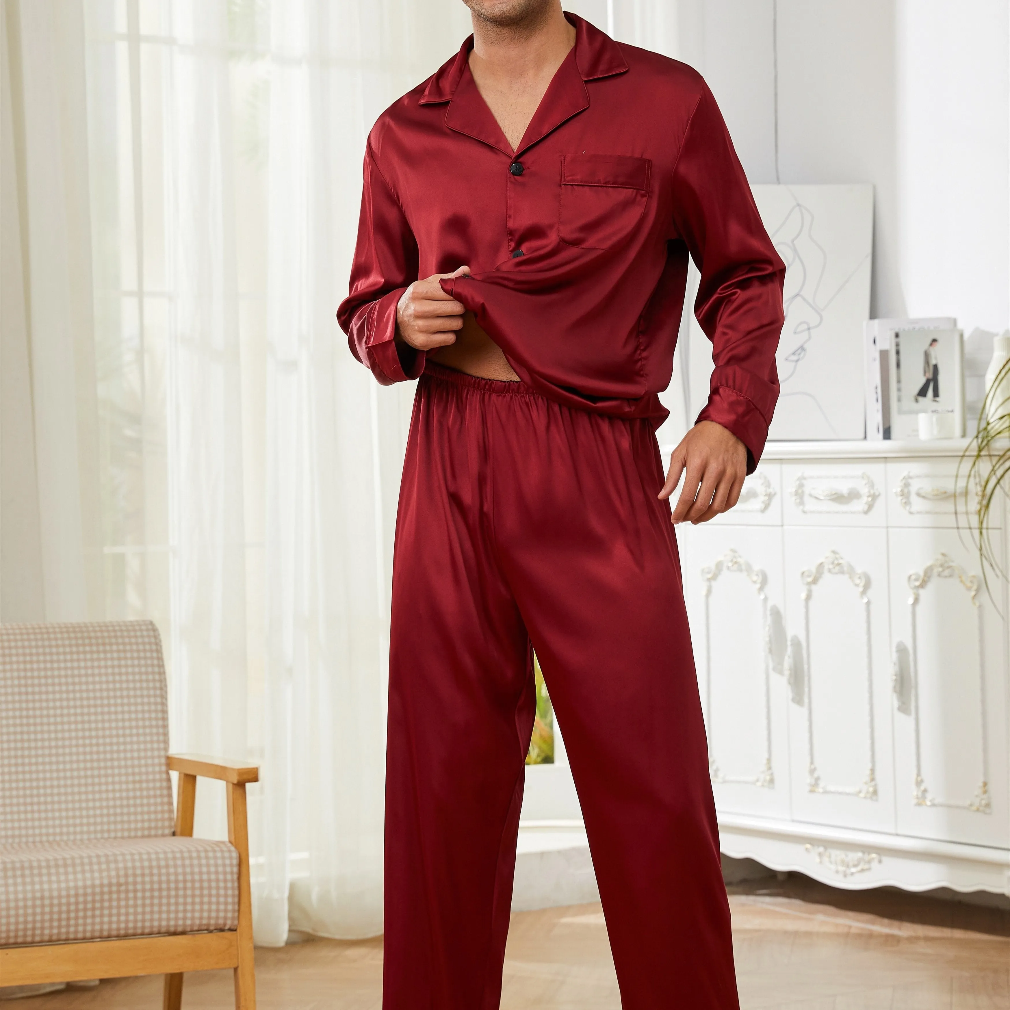 Men's Casual Solid Pajamas Sets, Long Sleeve Lapel Neck Shirt & Elastic Waist Loose Pants Lounge Wear, Home Indoor Sets For Spring Autumn