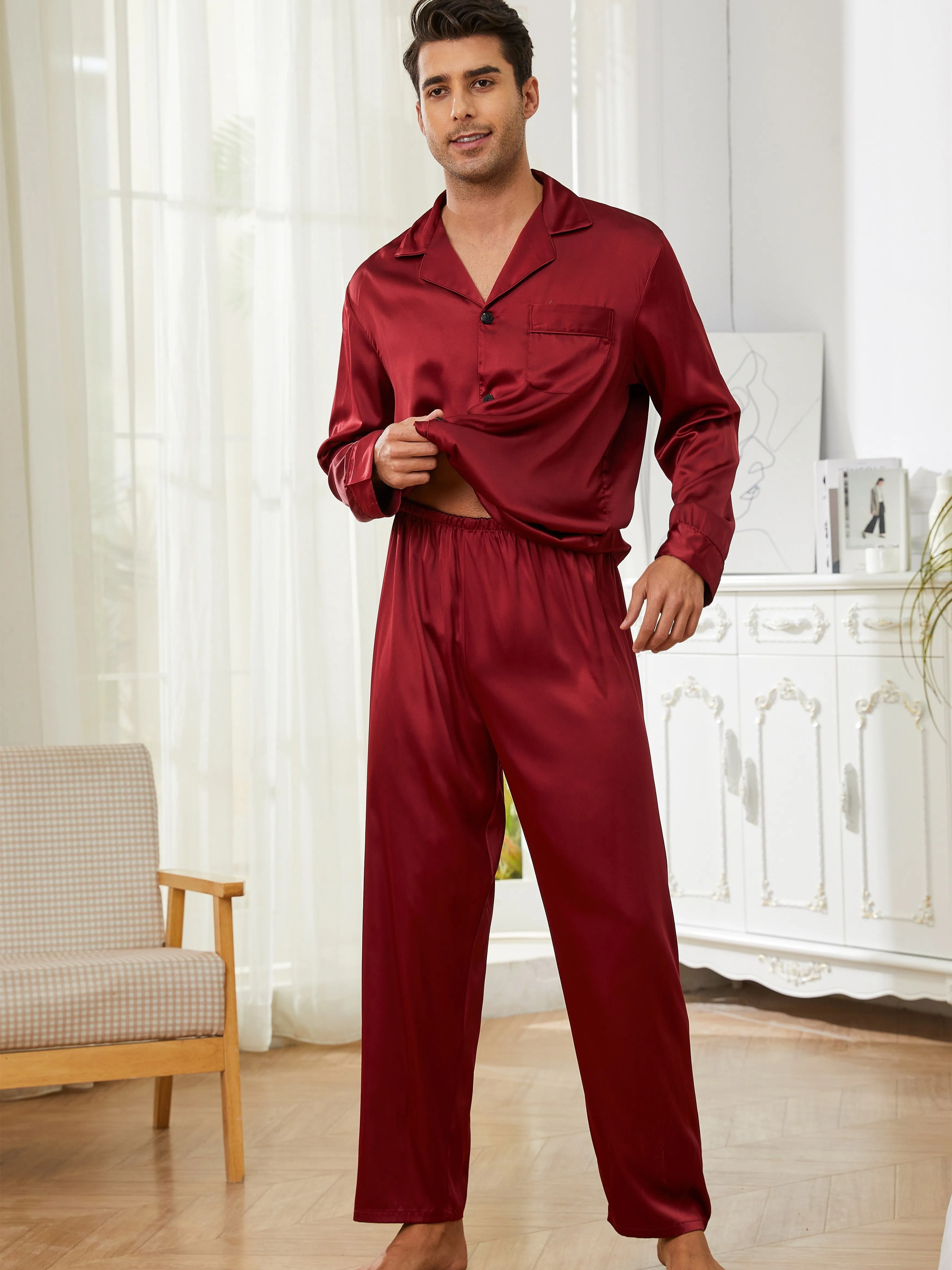 Men's Casual Solid Pajamas Sets, Long Sleeve Lapel Neck Shirt & Elastic Waist Loose Pants Lounge Wear, Home Indoor Sets For Spring Autumn