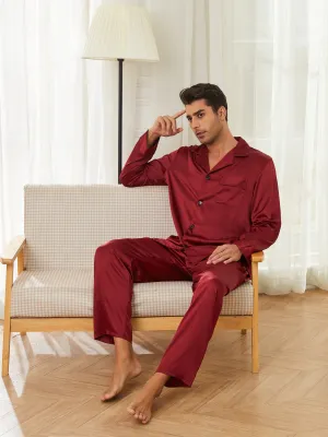 Men's Casual Solid Pajamas Sets, Long Sleeve Lapel Neck Shirt & Elastic Waist Loose Pants Lounge Wear, Home Indoor Sets For Spring Autumn