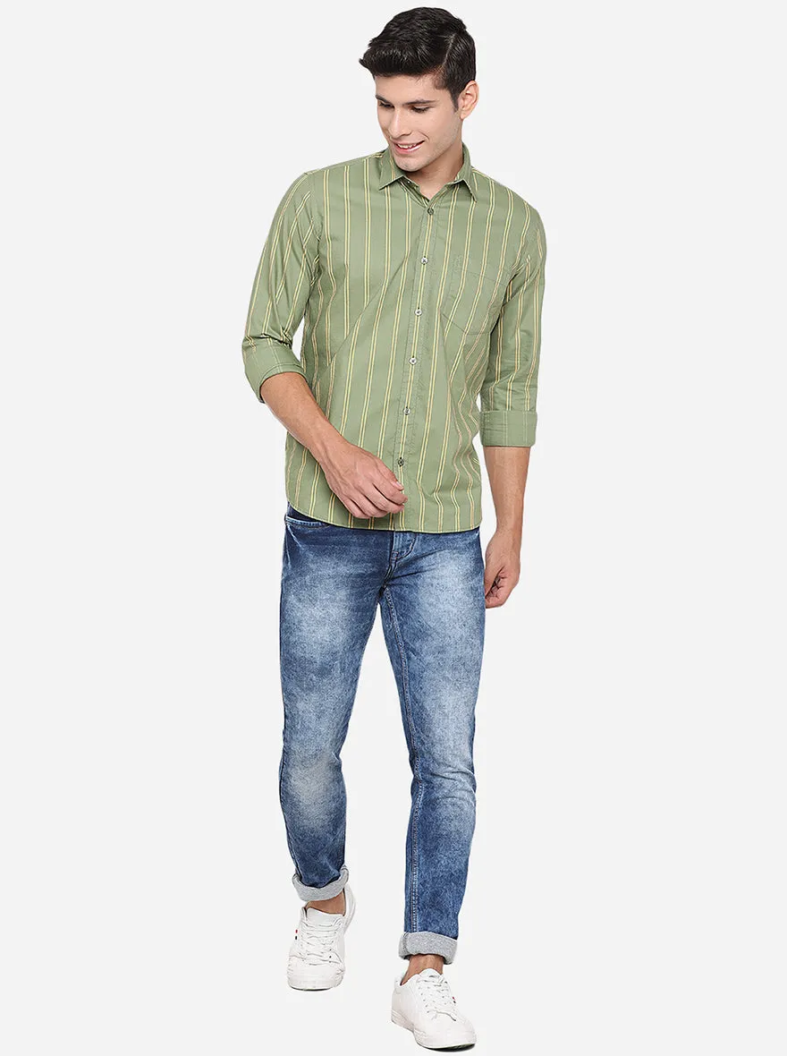 Mineral Green Striped Slim Fit Casual Shirt | JadeBlue