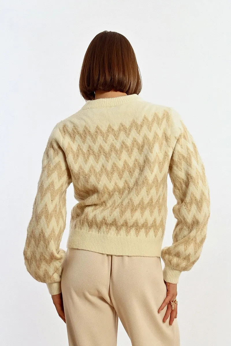 Molly Bracken Knit Jacquard Zig-Zag Pattern Sweater Off-white