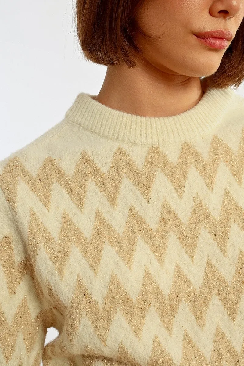 Molly Bracken Knit Jacquard Zig-Zag Pattern Sweater Off-white