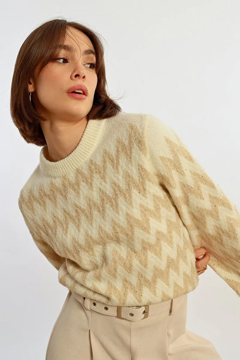 Molly Bracken Knit Jacquard Zig-Zag Pattern Sweater Off-white