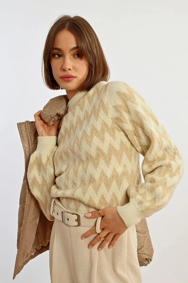 Molly Bracken Knit Jacquard Zig-Zag Pattern Sweater Off-white