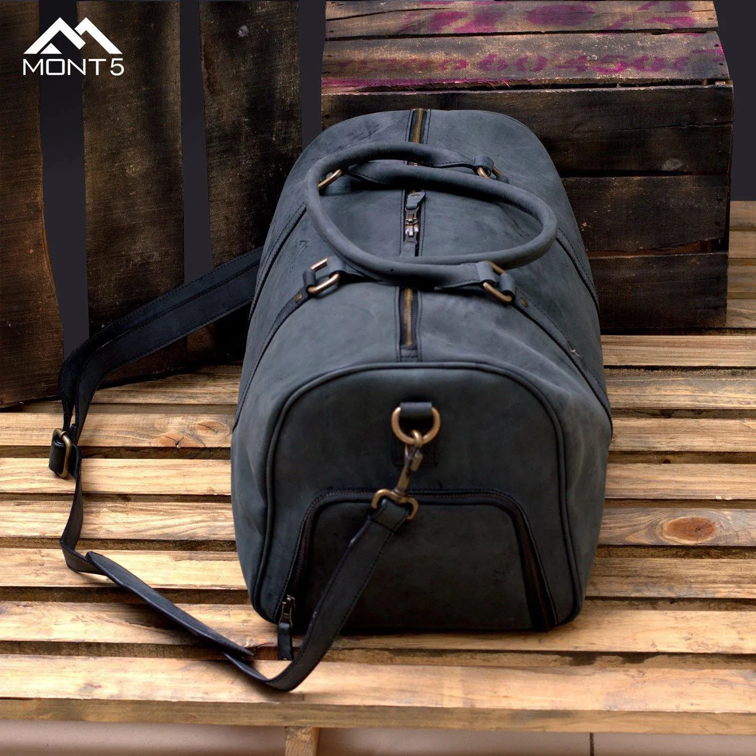 MONT5 Shigar - Charcoal Back Gym Leather Sports Duffle