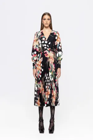 Nissa Pleated Dress With Floral/Polka Dot Print