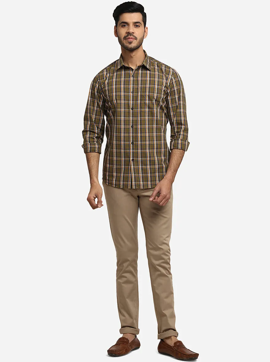 Olive Green & Blue Checked Regular Fit Semi Casual Shirt | Greenfibre